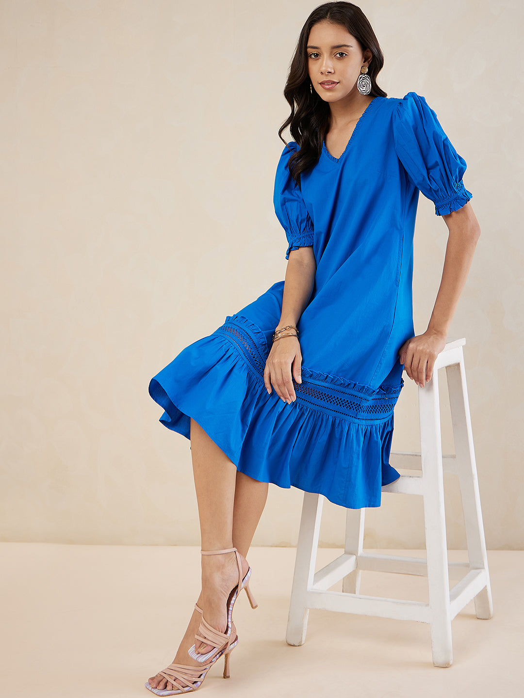 Blue Cotton Poplin Puff Sleeve Detail V Neck Midi Dress
