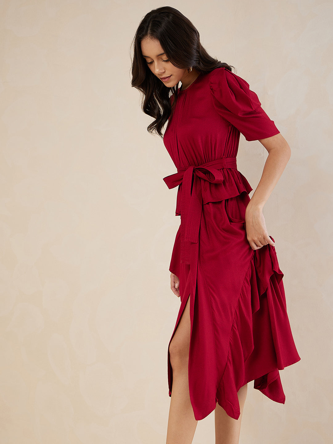 Red Asymmetric Tiered Belted Midi Dress