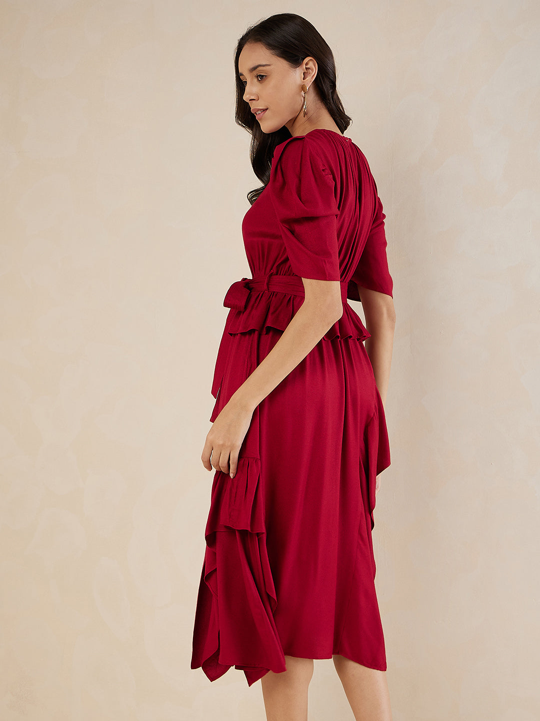 Red Asymmetric Tiered Belted Midi Dress