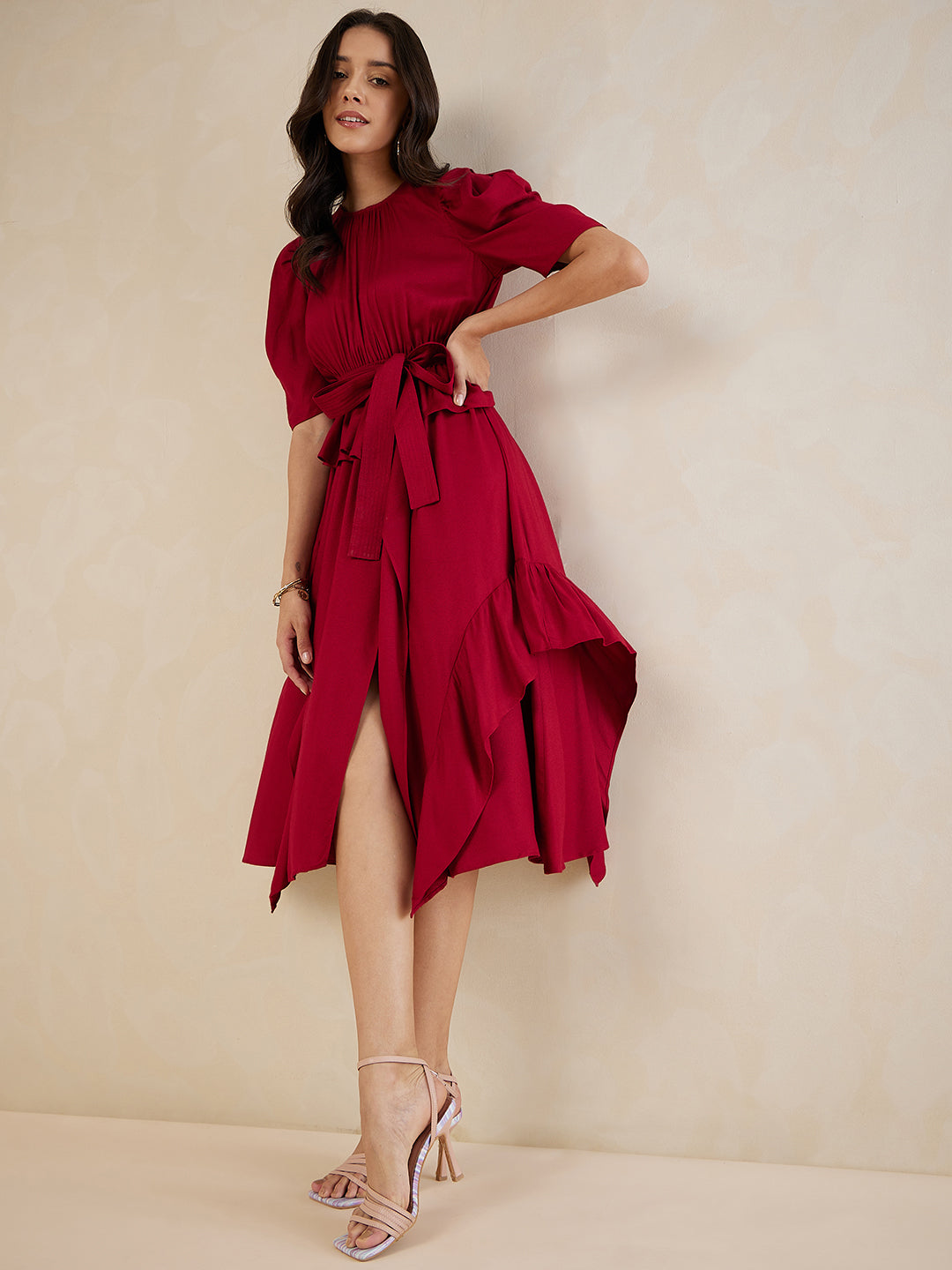 Red Asymmetric Tiered Belted Midi Dress