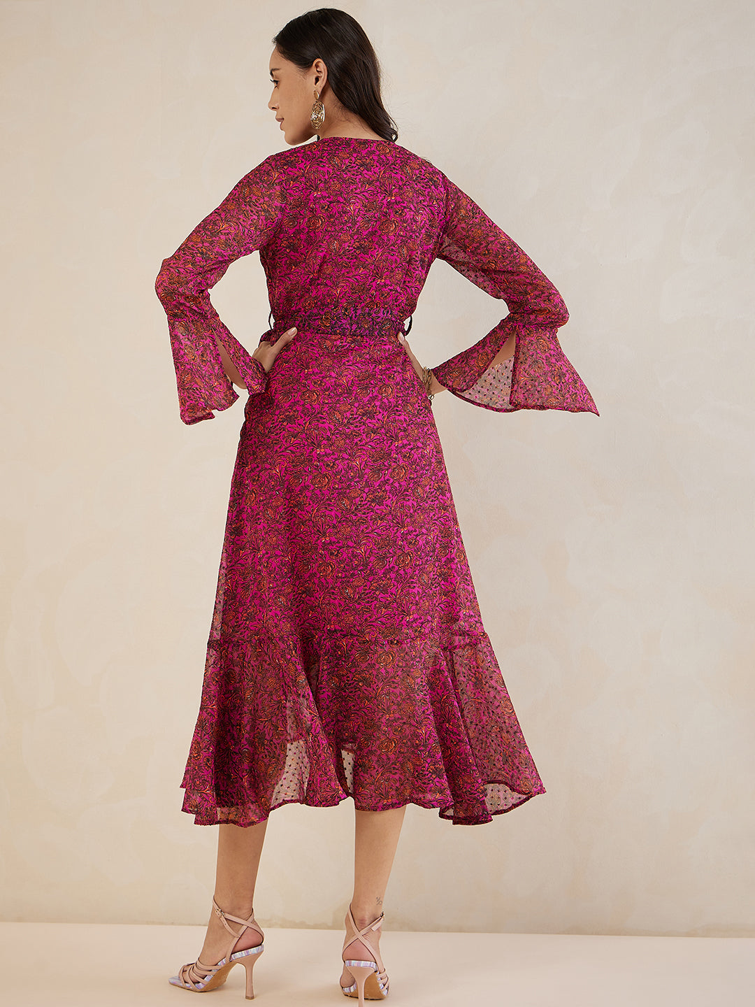 Pink And Orange Floral Wrap Maxi Dress