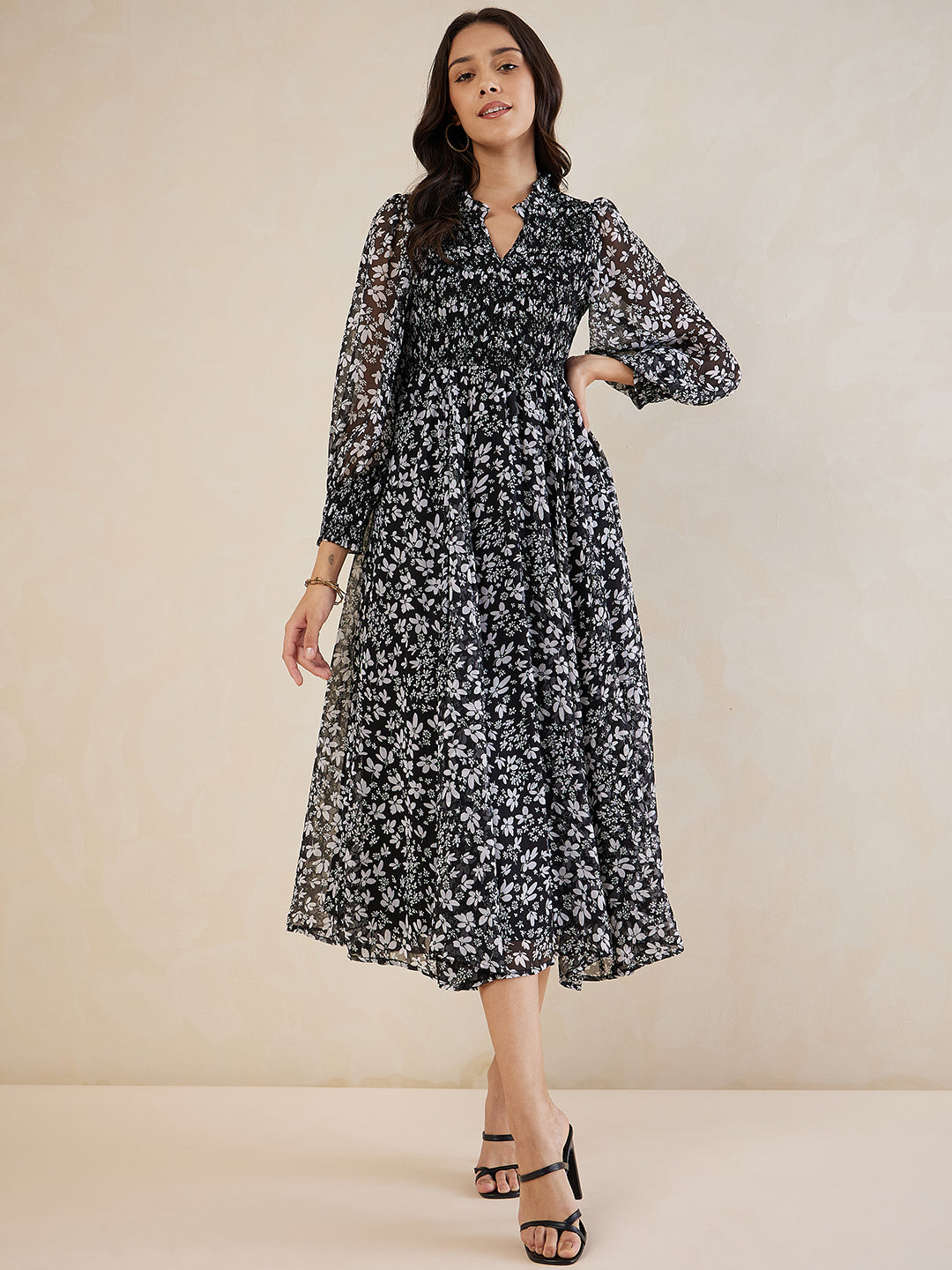 Black Ditsy Floral Smocked Maxi Dress