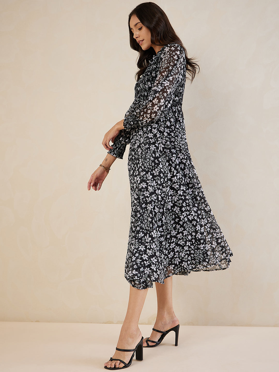 Black Ditsy Floral Smocked Maxi Dress