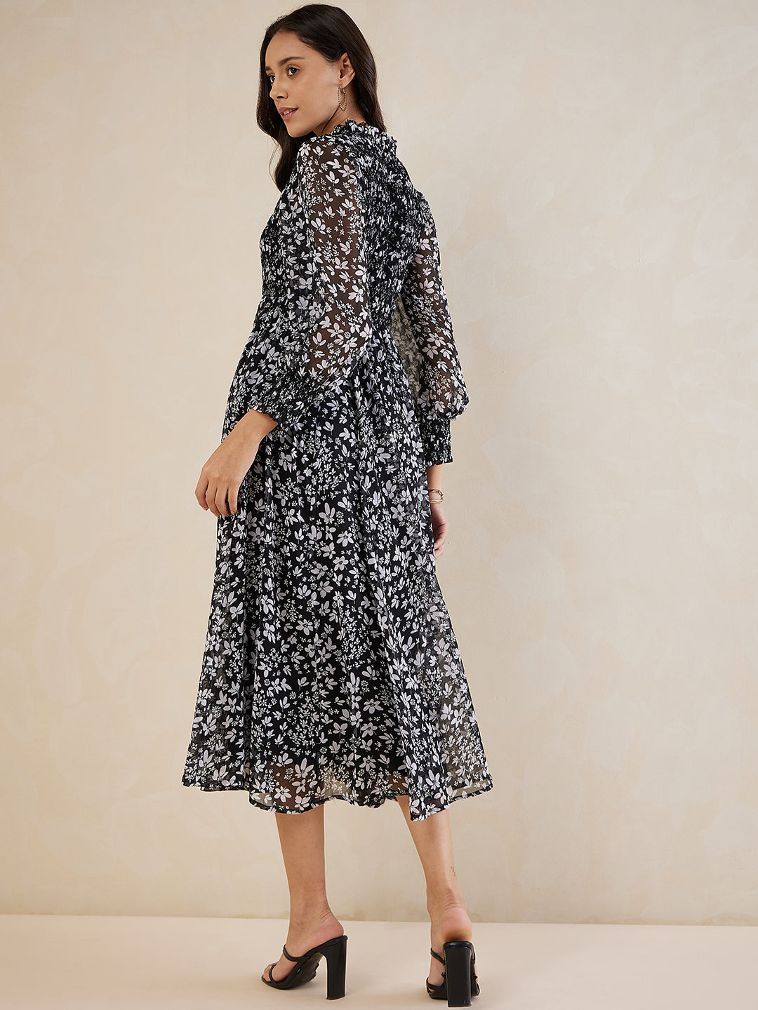 Black Ditsy Floral Smocked Maxi Dress