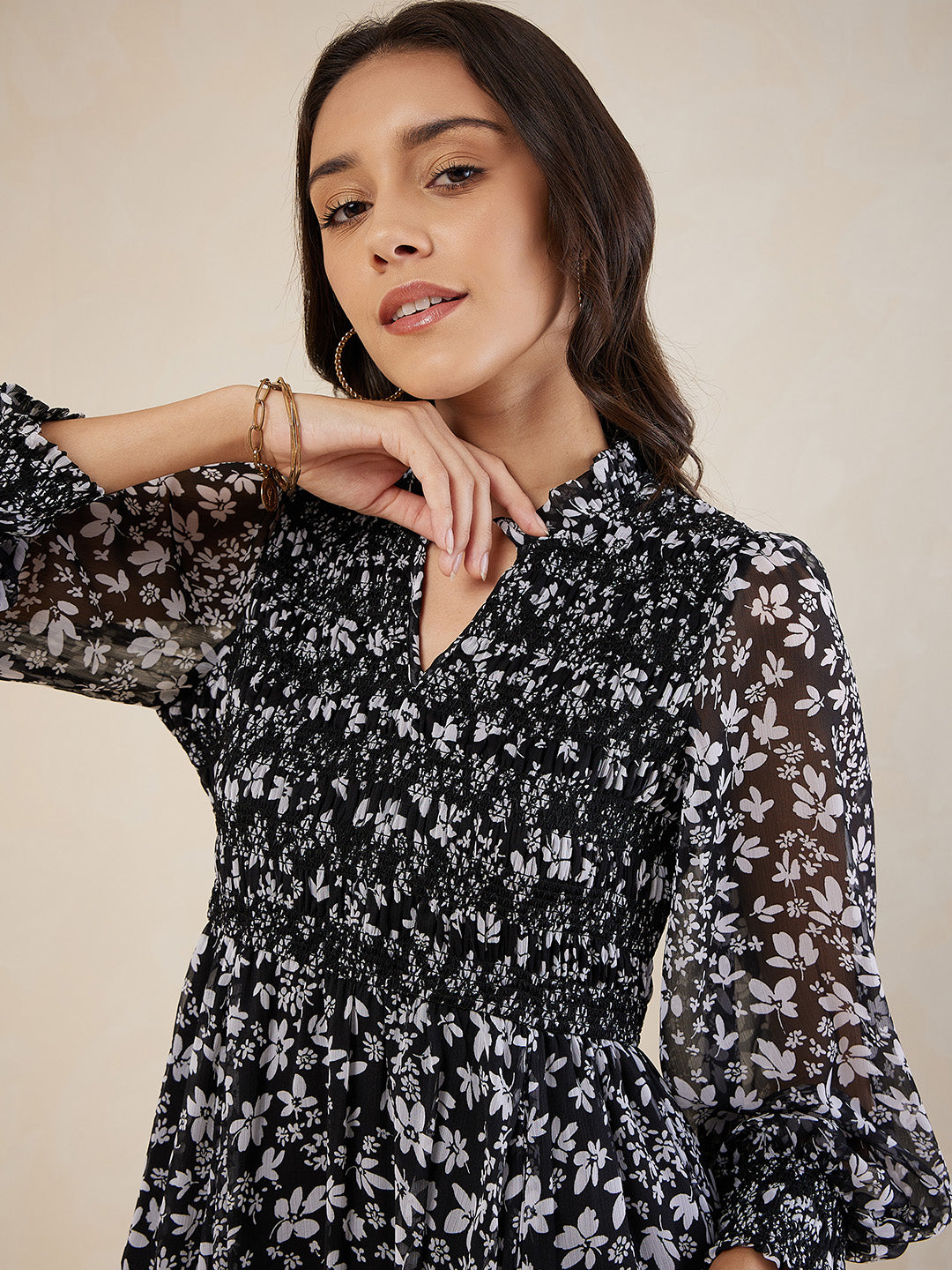 Black Ditsy Floral Smocked Maxi Dress