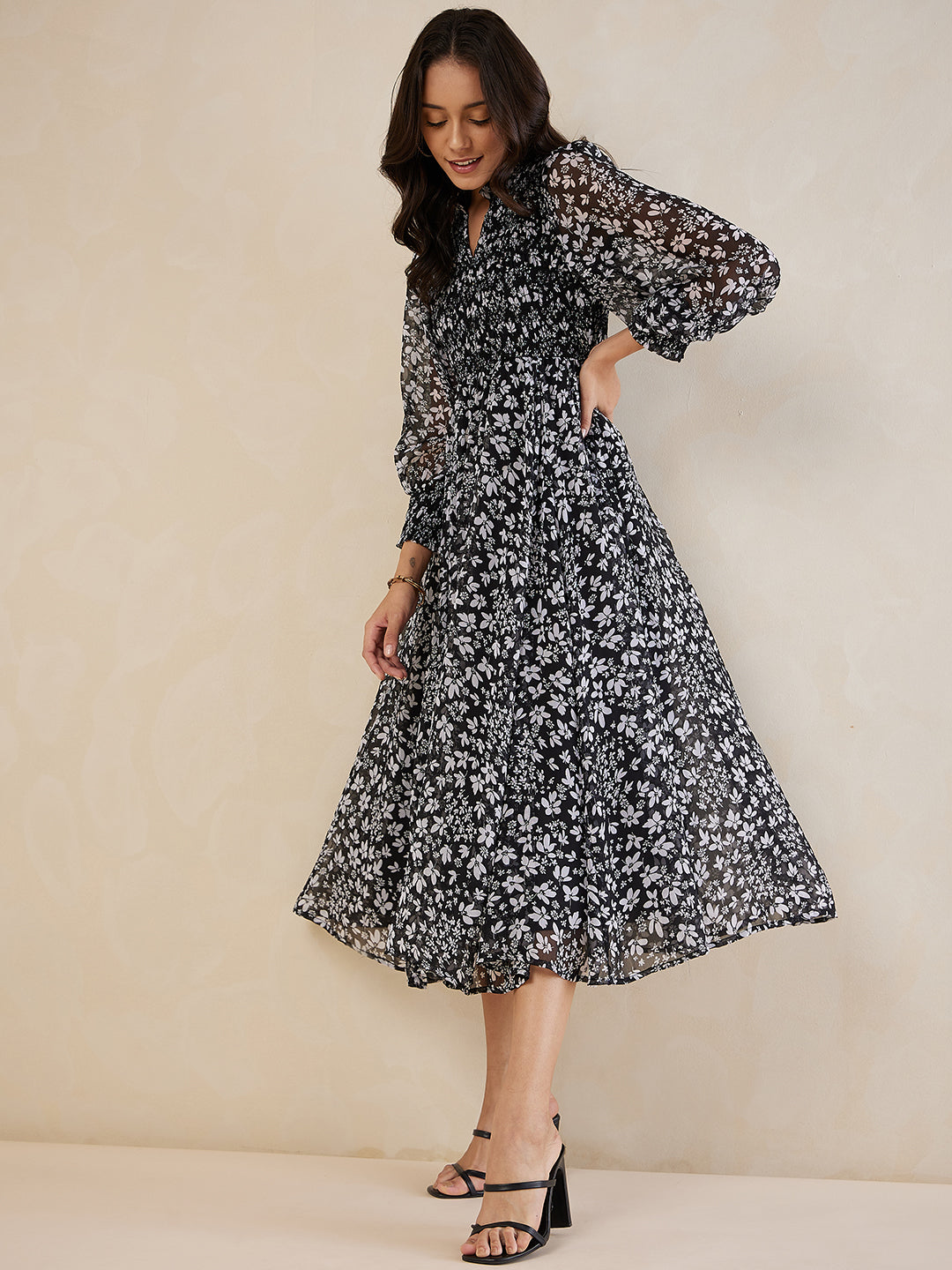 Black Ditsy Floral Smocked Maxi Dress