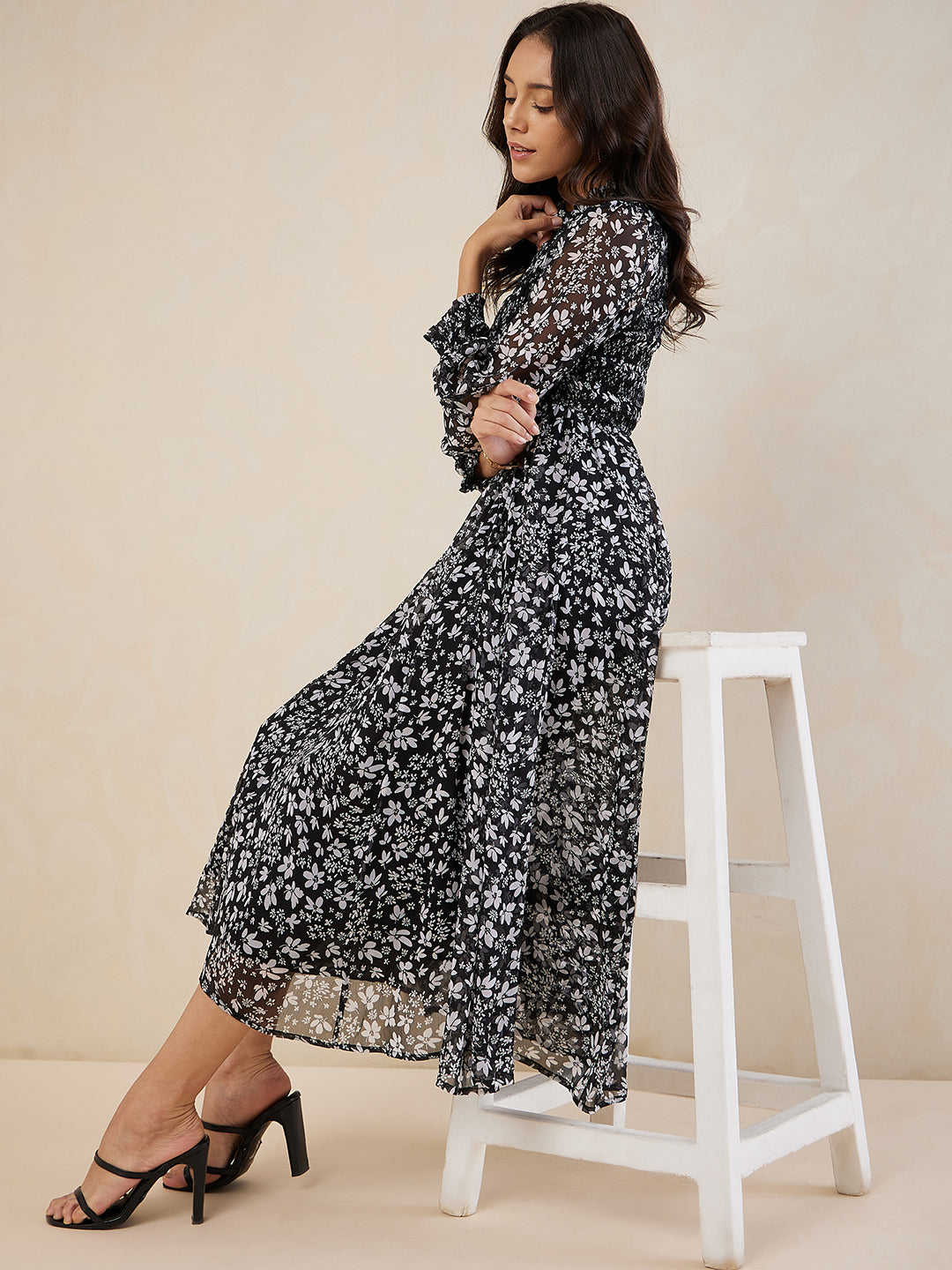 Black Ditsy Floral Smocked Maxi Dress