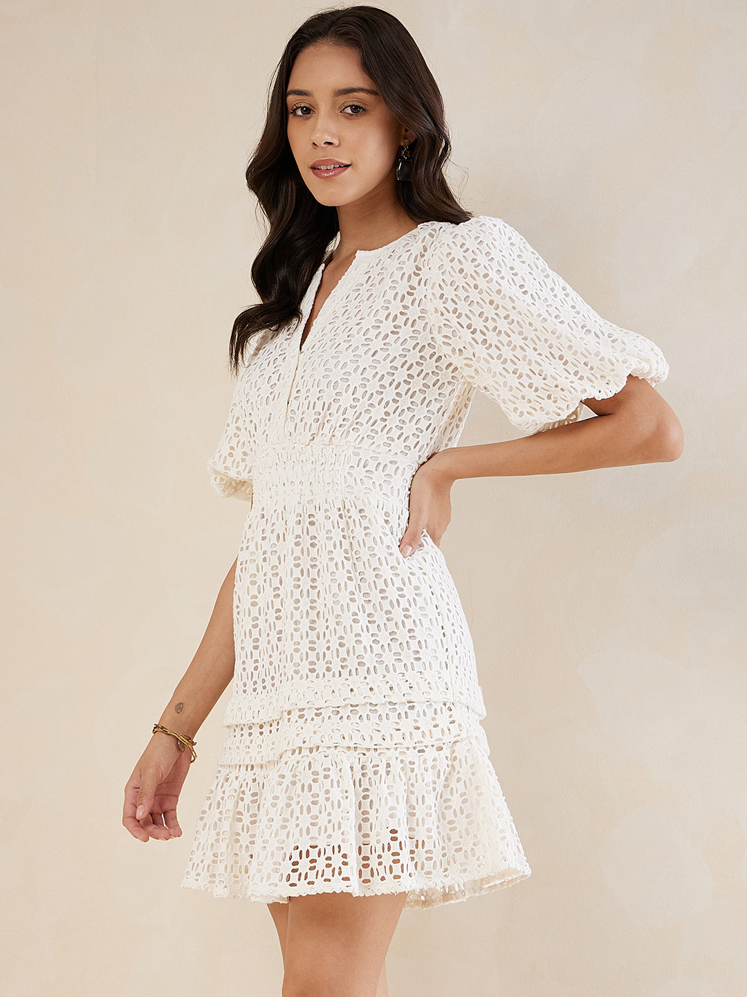 White Solid Schiffli Tiered Knee Length Dress