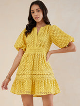 Yellow Solid Schiffli Tiered Knee Length Dress