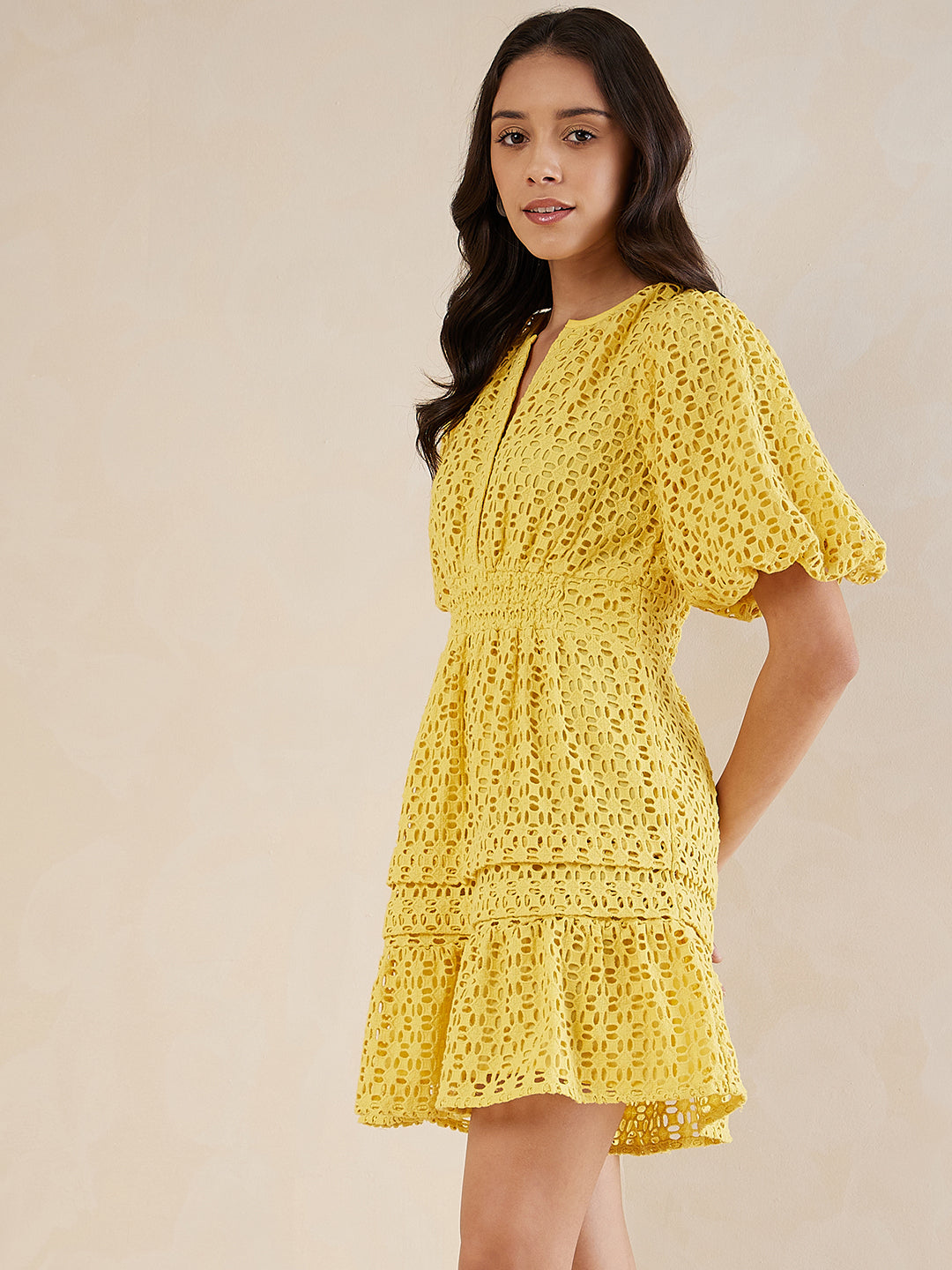 Yellow Solid Schiffli Tiered Knee Length Dress