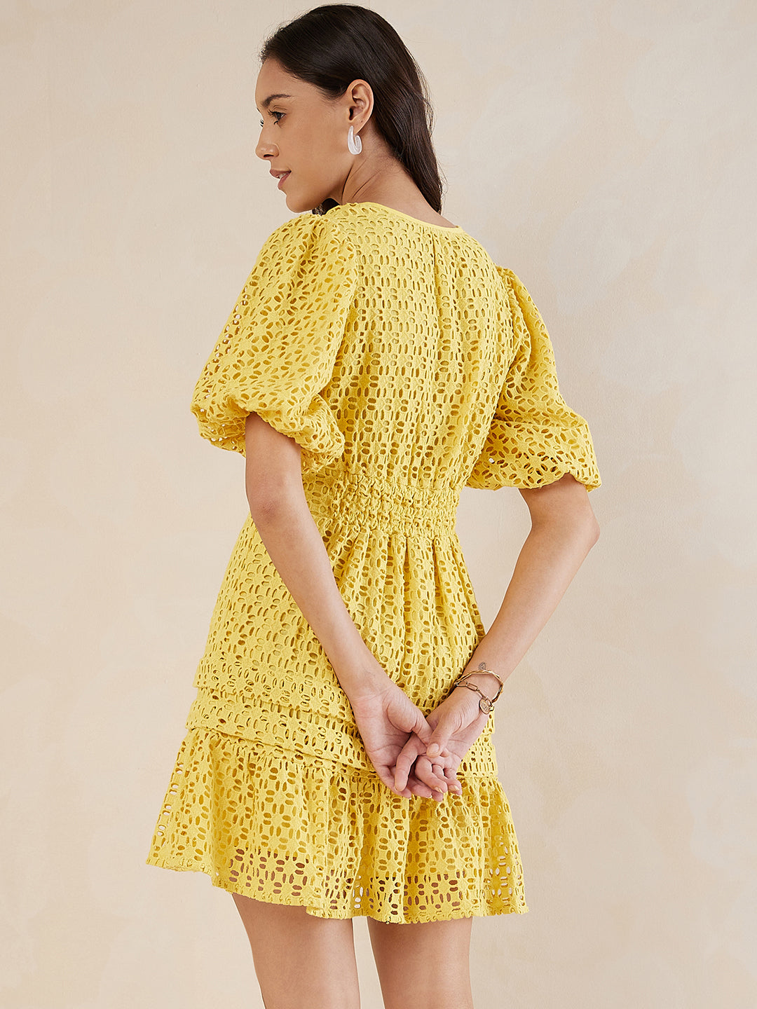 Yellow Solid Schiffli Tiered Knee Length Dress