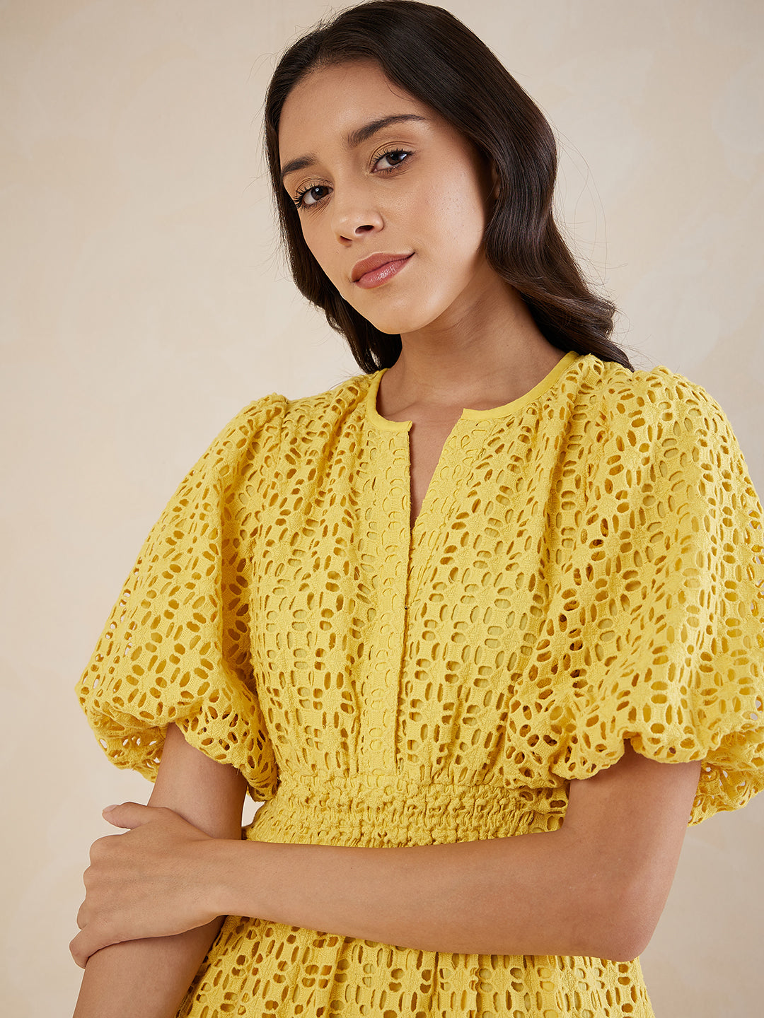 Yellow Solid Schiffli Tiered Knee Length Dress