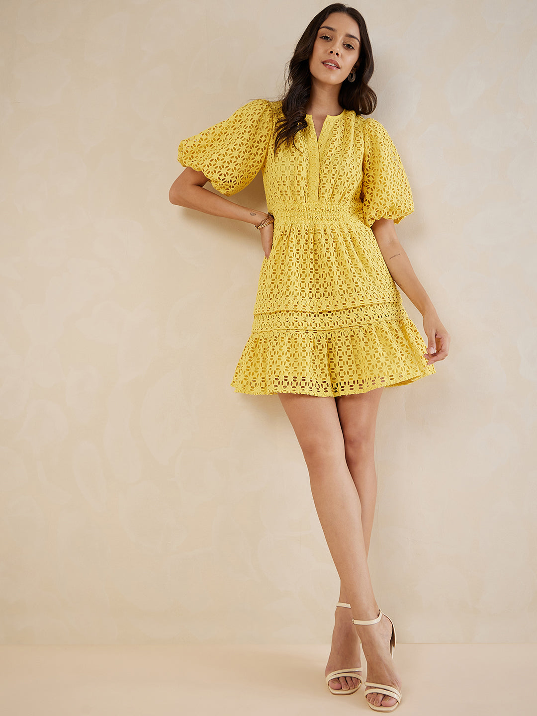 Yellow Solid Schiffli Tiered Knee Length Dress