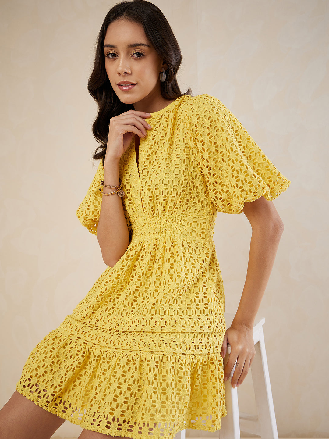 Yellow Solid Schiffli Tiered Knee Length Dress