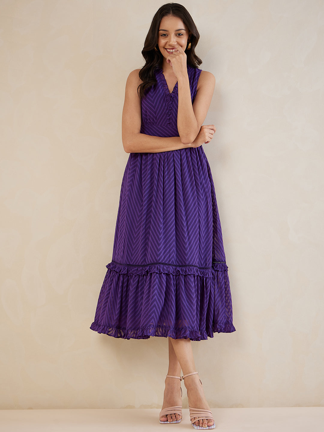Purple Chevron Dobby Tiered Maxi Dress