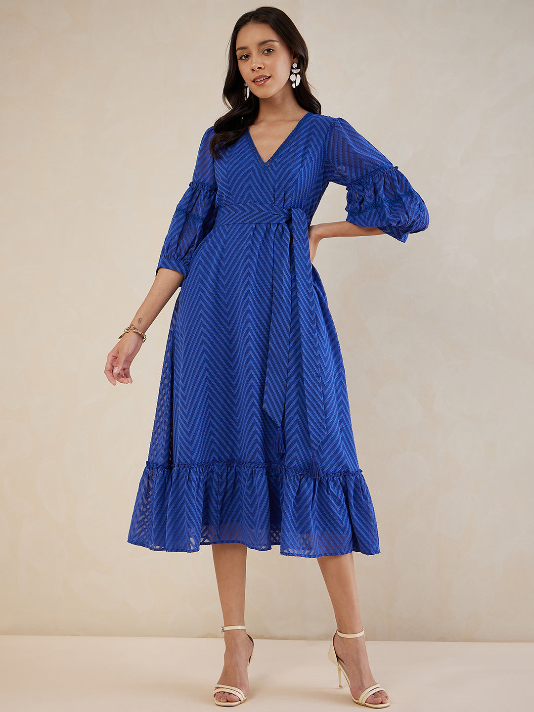 Blue Chevron Dobby Lace Detail Belted Maxi Dress