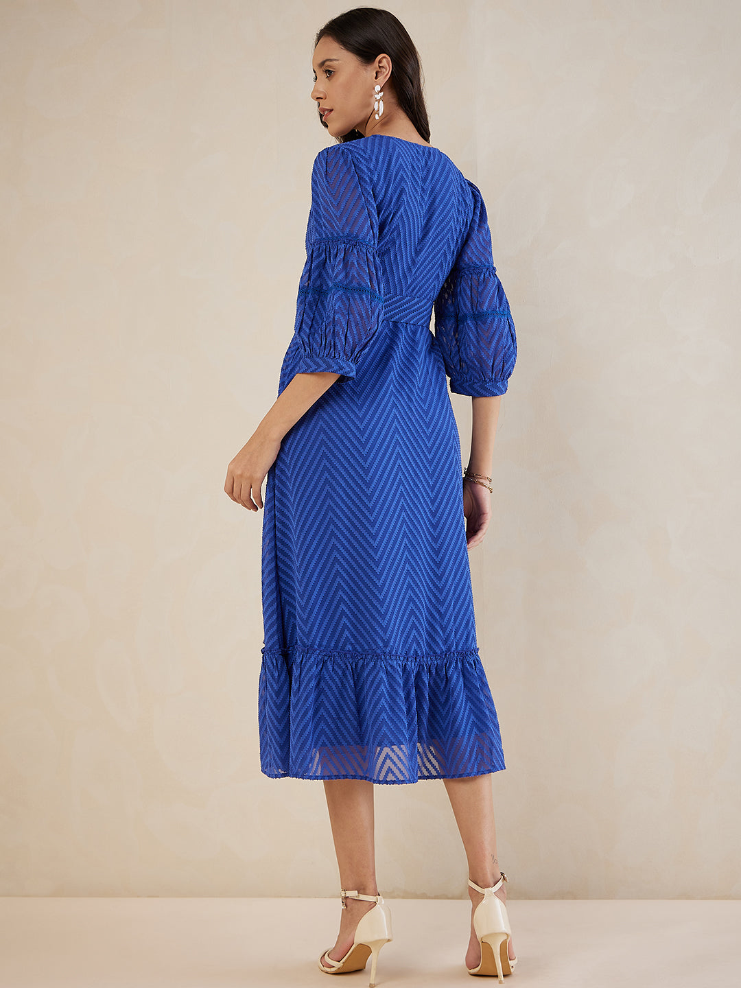 Blue Chevron Dobby Lace Detail Belted Maxi Dress