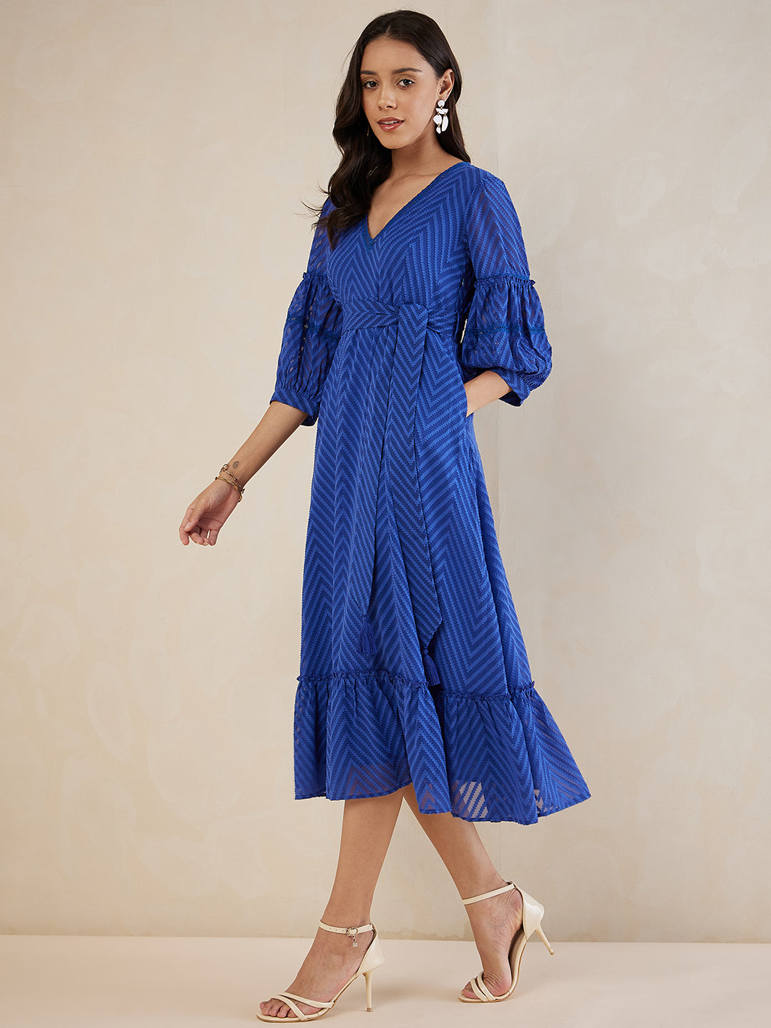 Blue Chevron Dobby Lace Detail Belted Maxi Dress