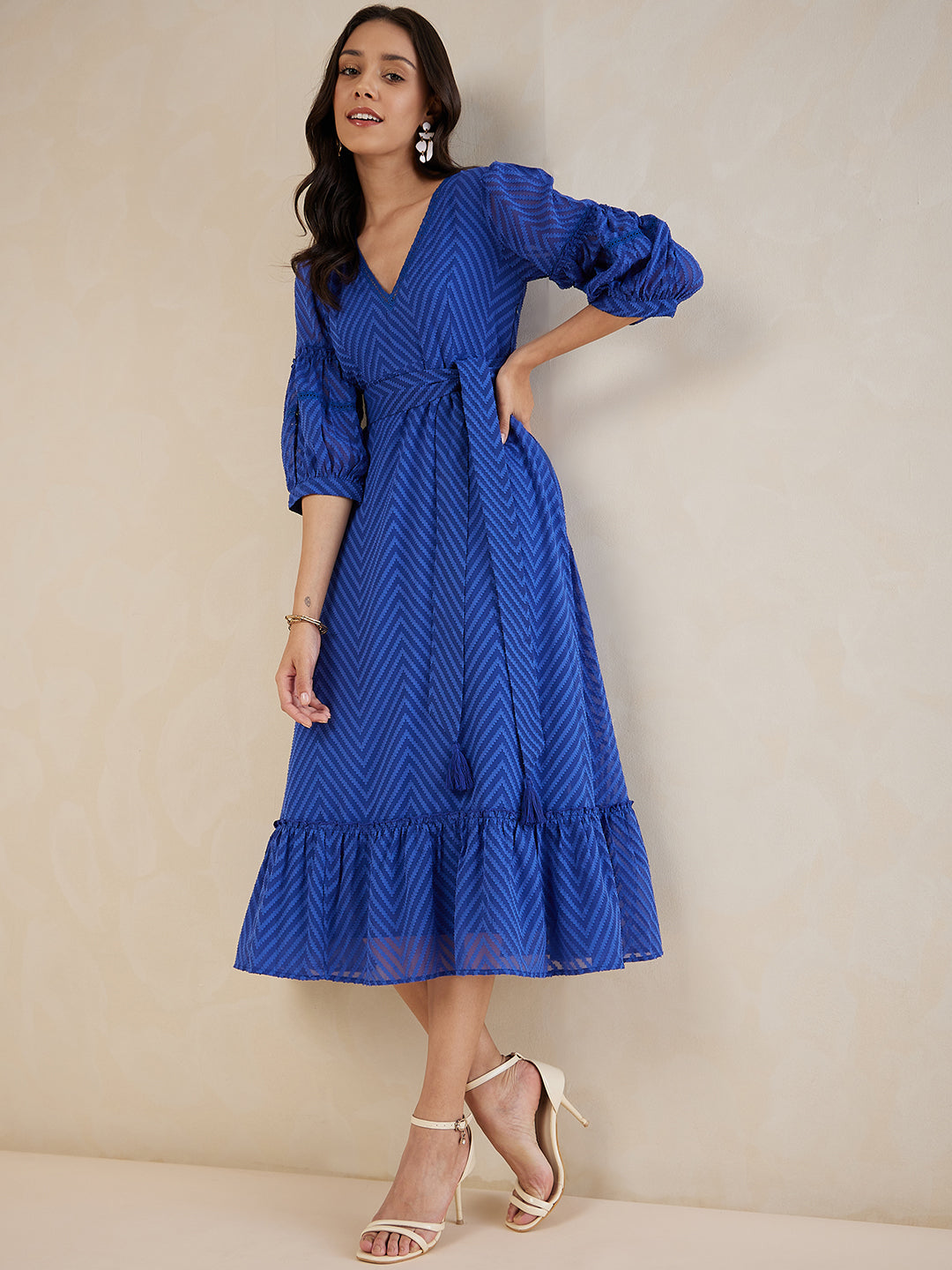 Blue Chevron Dobby Lace Detail Belted Maxi Dress