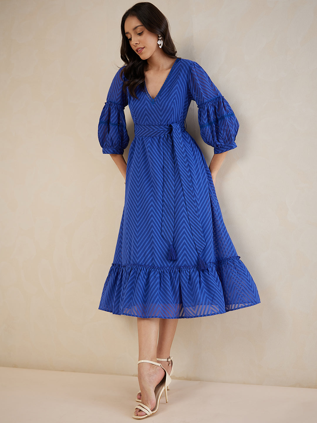 Blue Chevron Dobby Lace Detail Belted Maxi Dress
