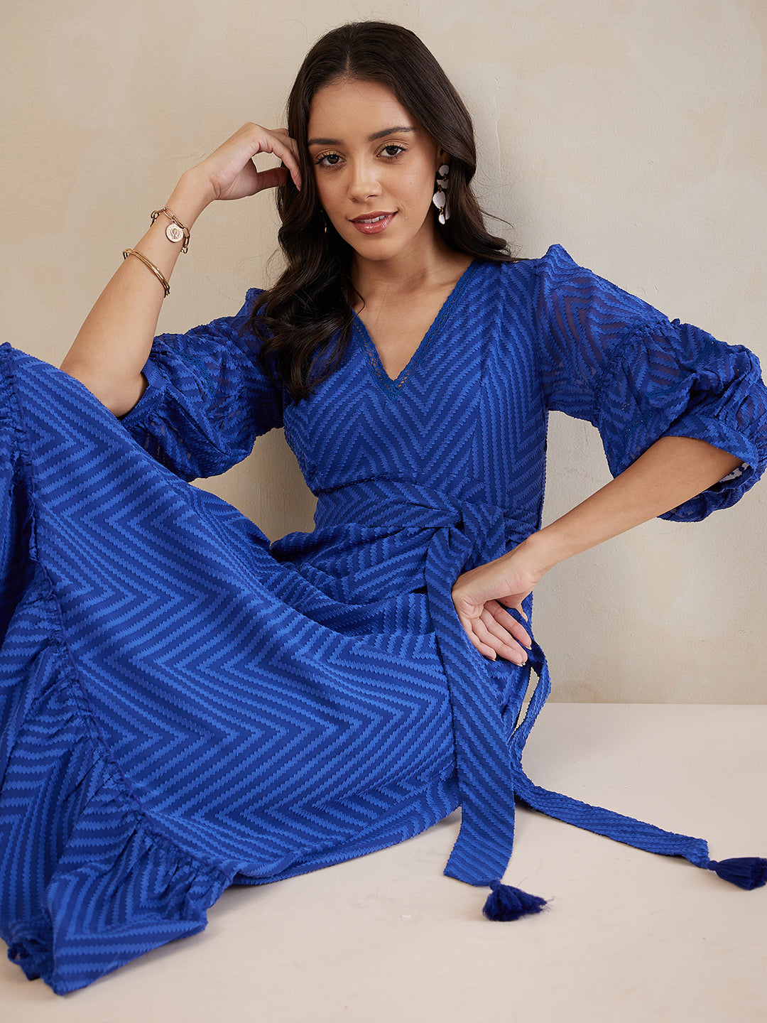 Blue Chevron Dobby Lace Detail Belted Maxi Dress