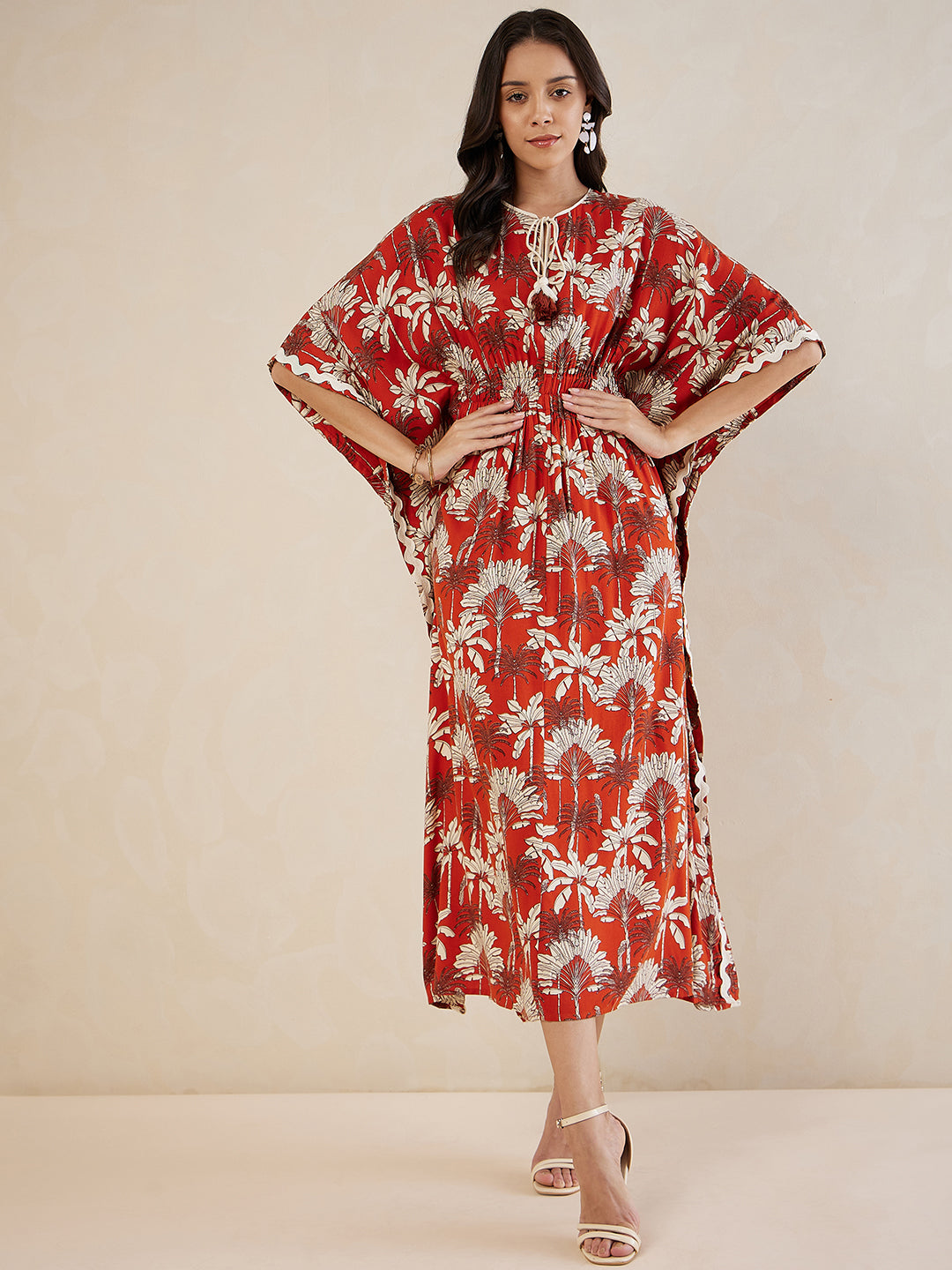 Rust Palm Print Lace Detail Kaftan