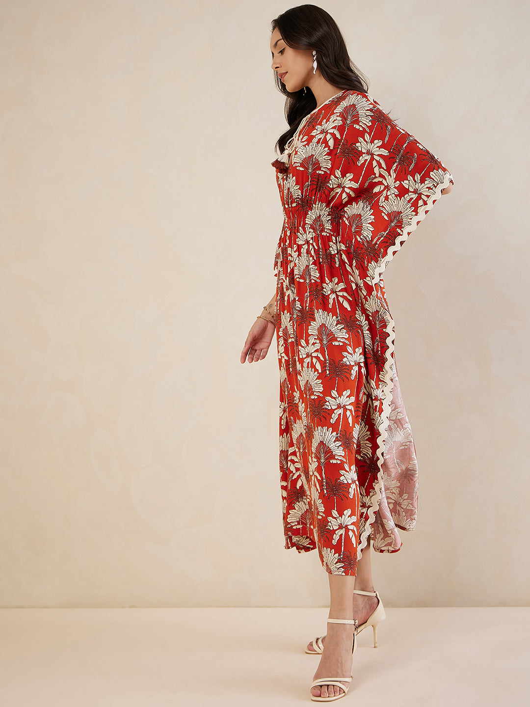 Rust Palm Print Lace Detail Kaftan