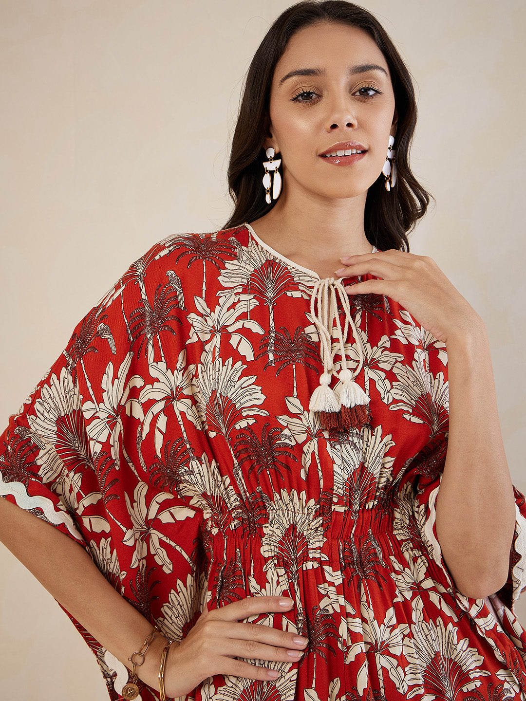 Rust Palm Print Lace Detail Kaftan