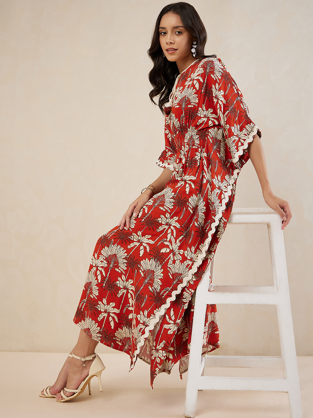 Rust Palm Print Lace Detail Kaftan