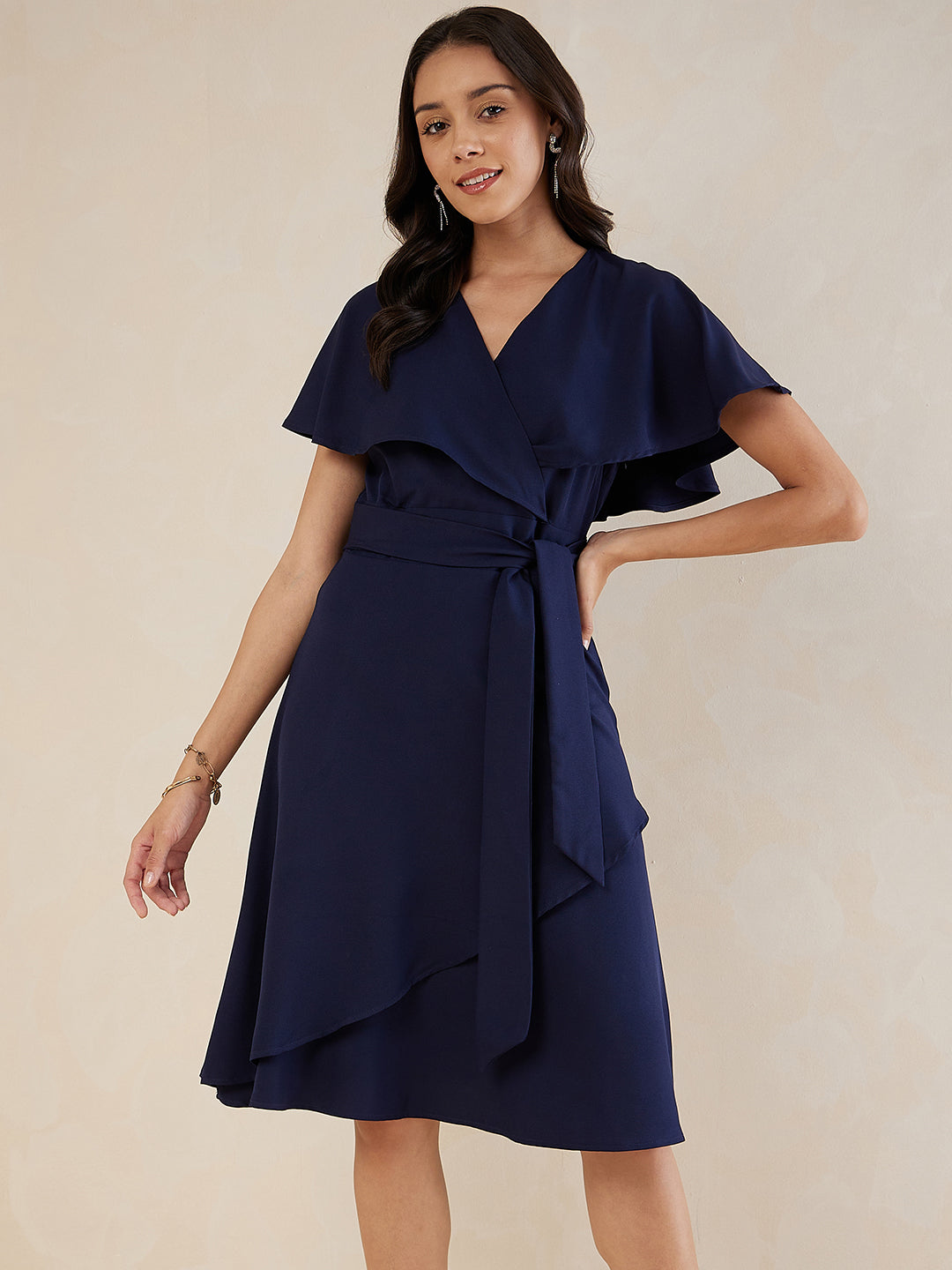 Navy Kimono Wrap Belted Midi Dress