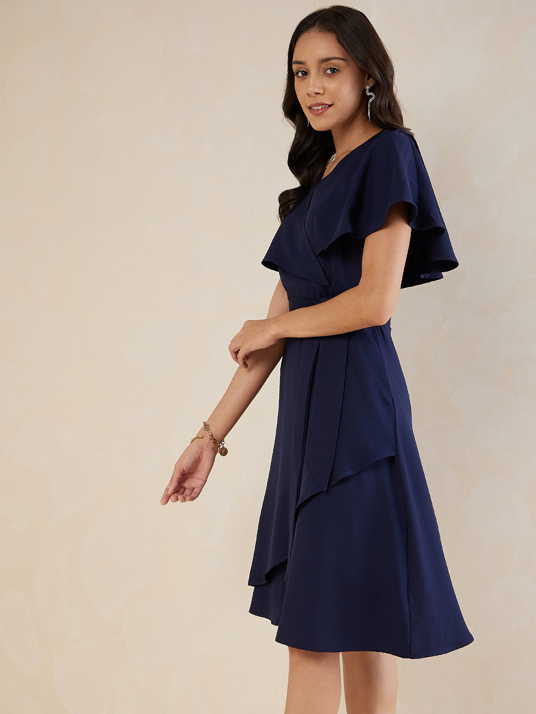 Navy Kimono Wrap Belted Midi Dress