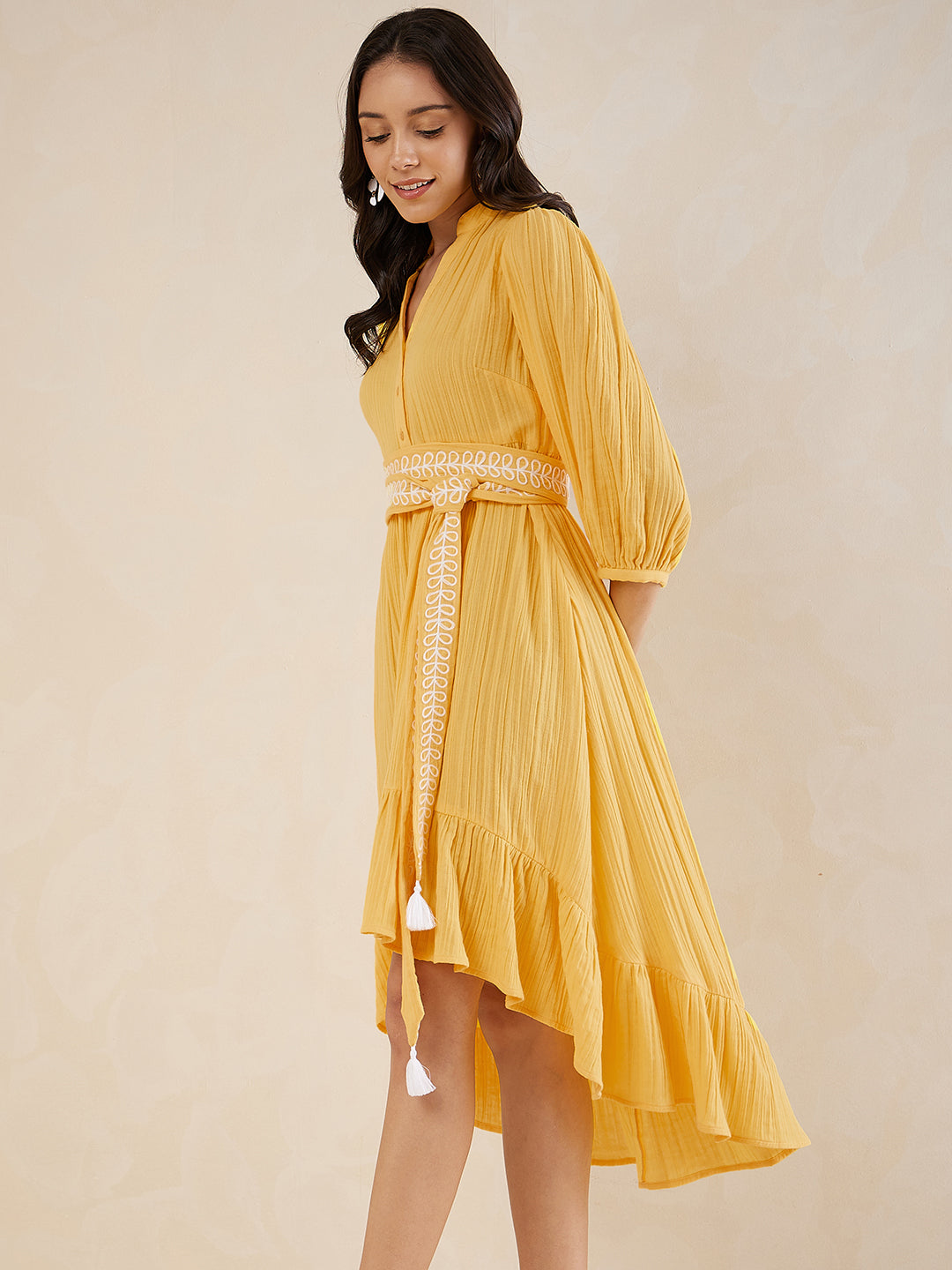 Yellow Solid Embroidered Belt Detail High Low Midi Dress