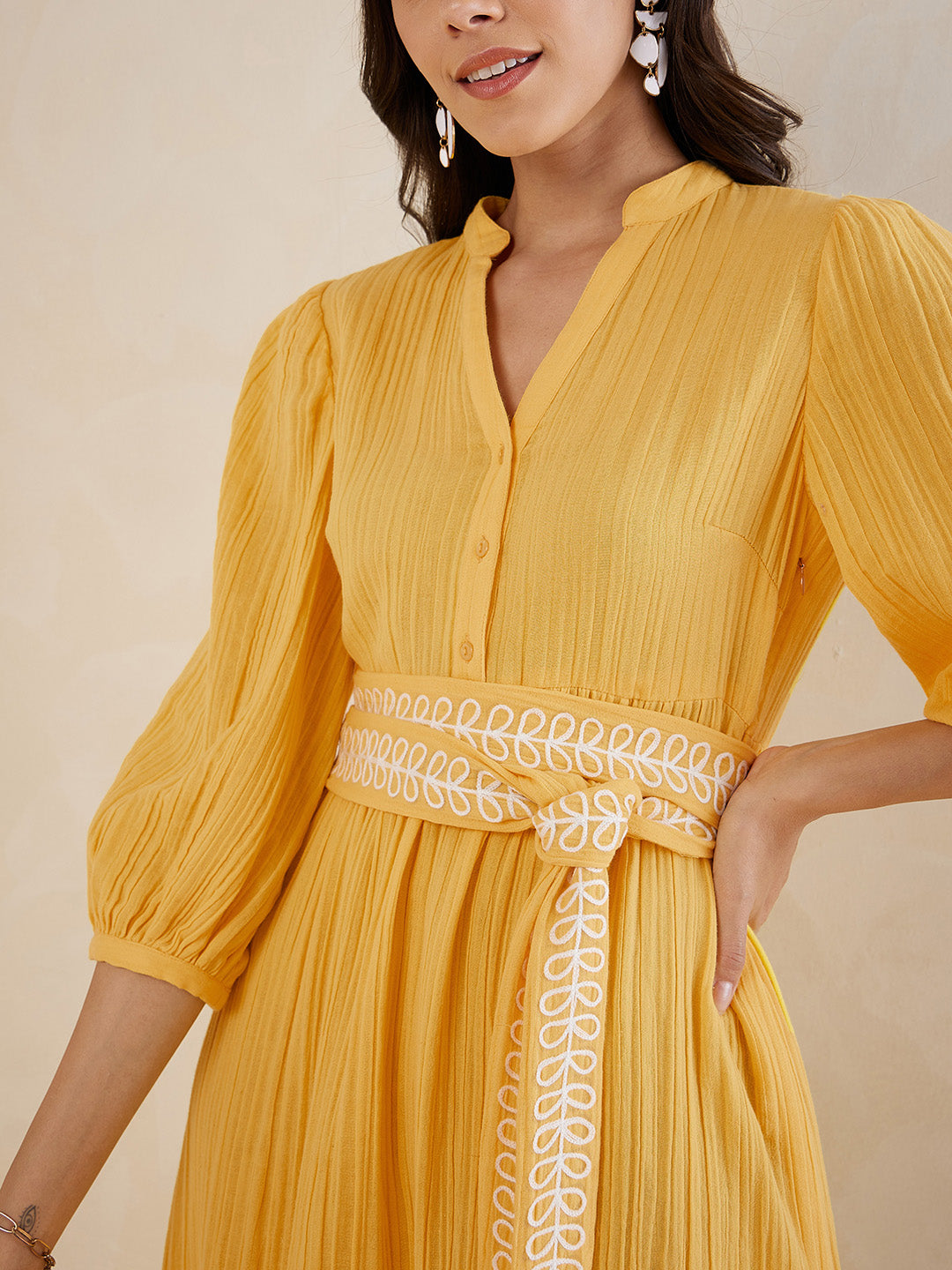 Yellow Solid Embroidered Belt Detail High Low Midi Dress