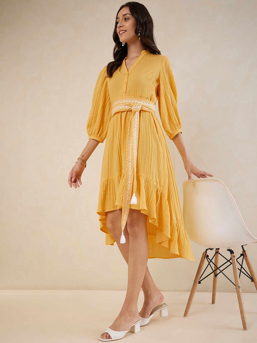 Yellow Solid Embroidered Belt Detail High Low Midi Dress