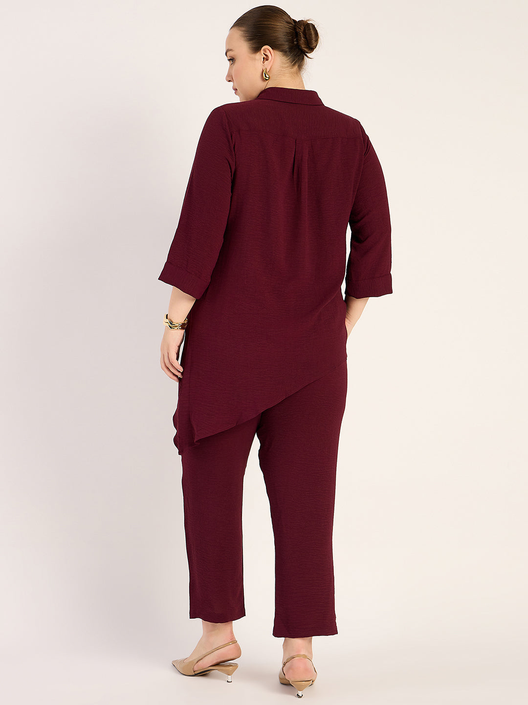 Wine Asymmetric Shirt And Pants Co-Ord Set