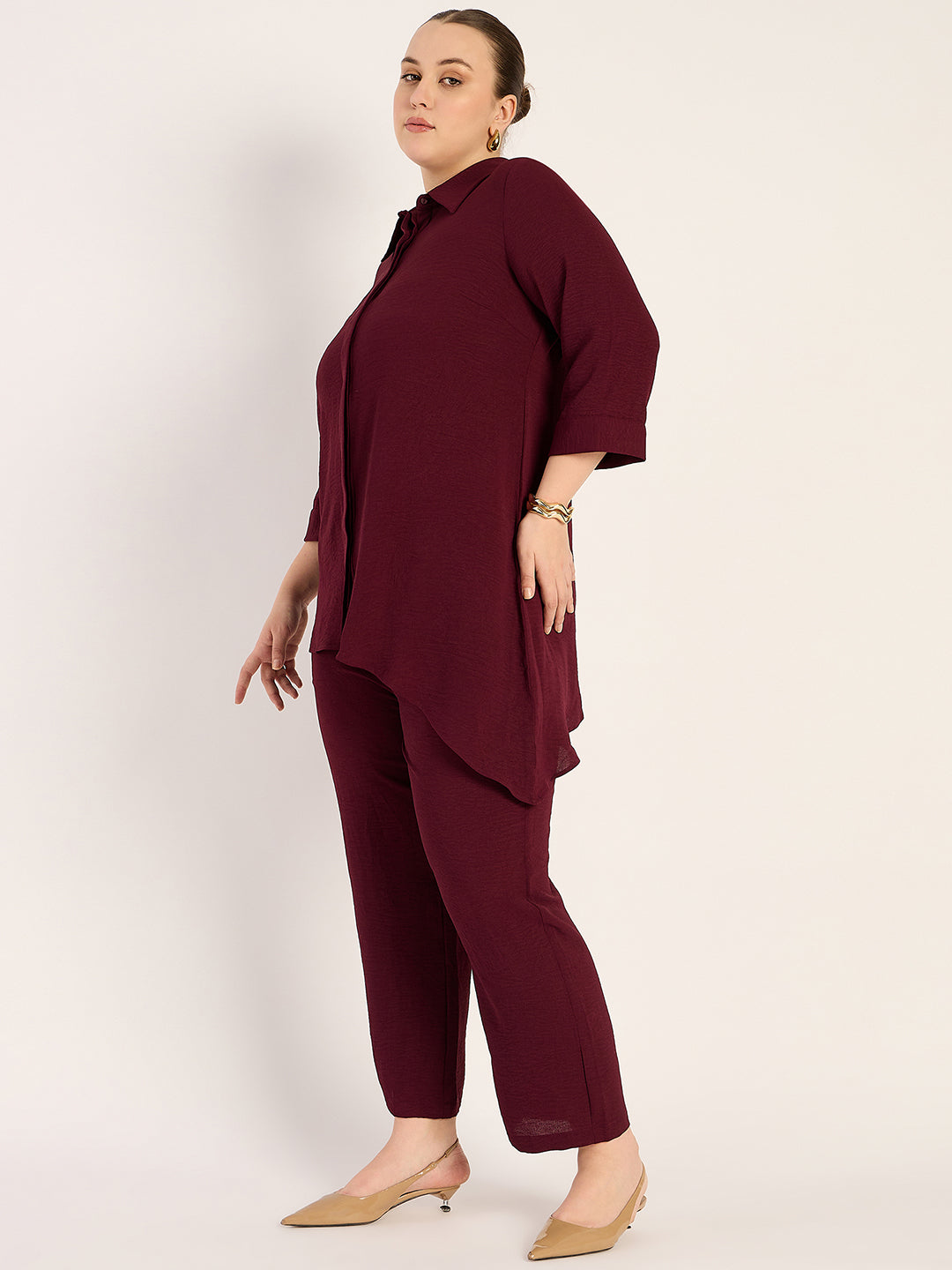 Wine Asymmetric Shirt And Pants Co-Ord Set