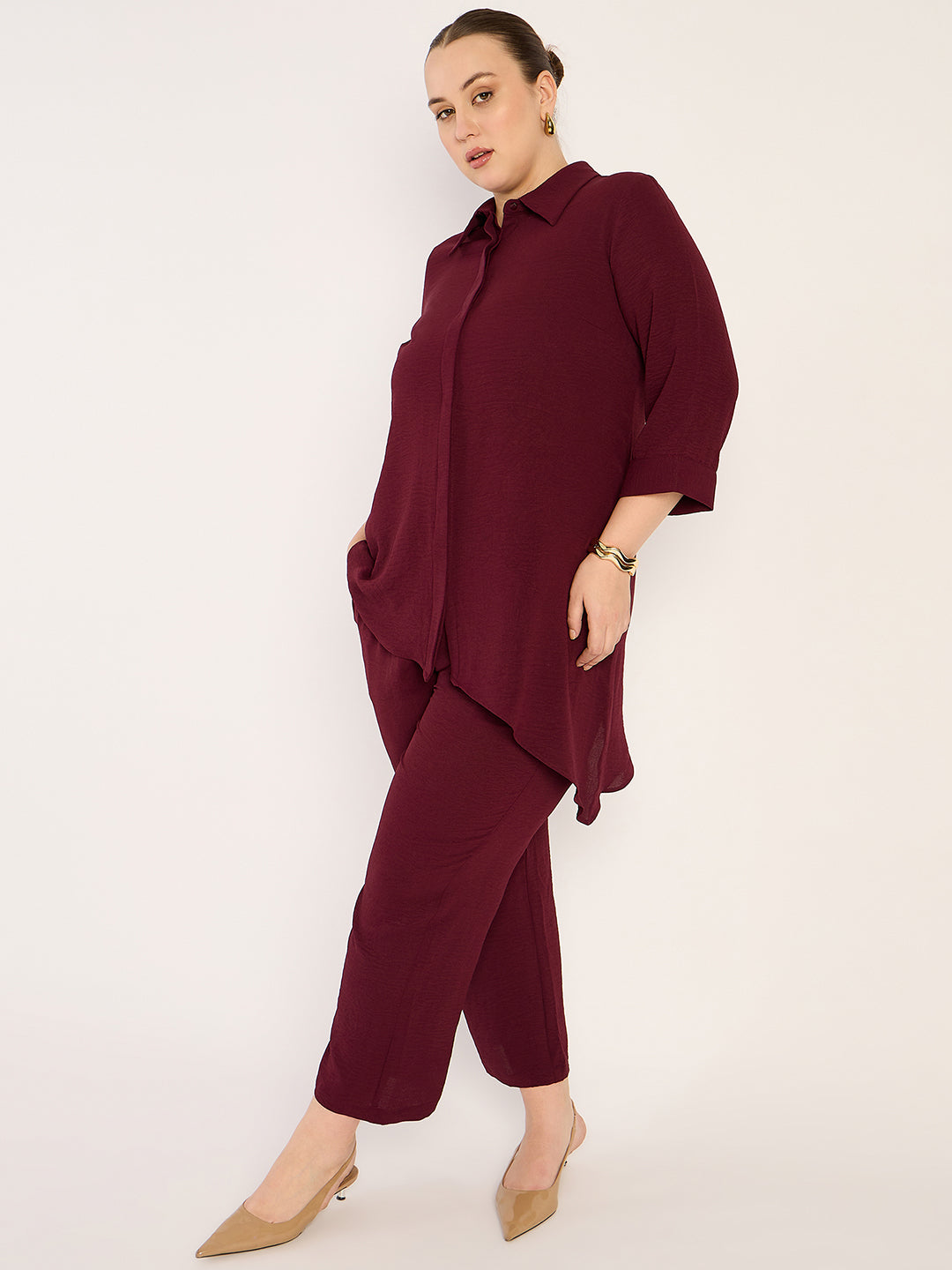 Wine Asymmetric Shirt And Pants Co-Ord Set