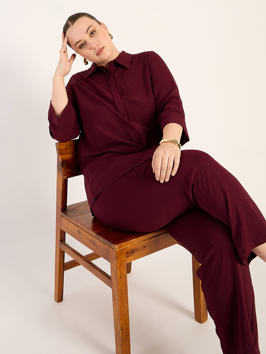 Wine Asymmetric Shirt And Pants Co-Ord Set