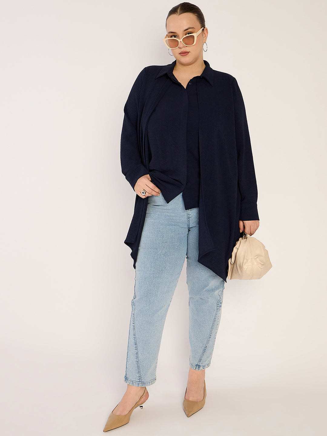 Navy Asymmetric Button Down Shirt