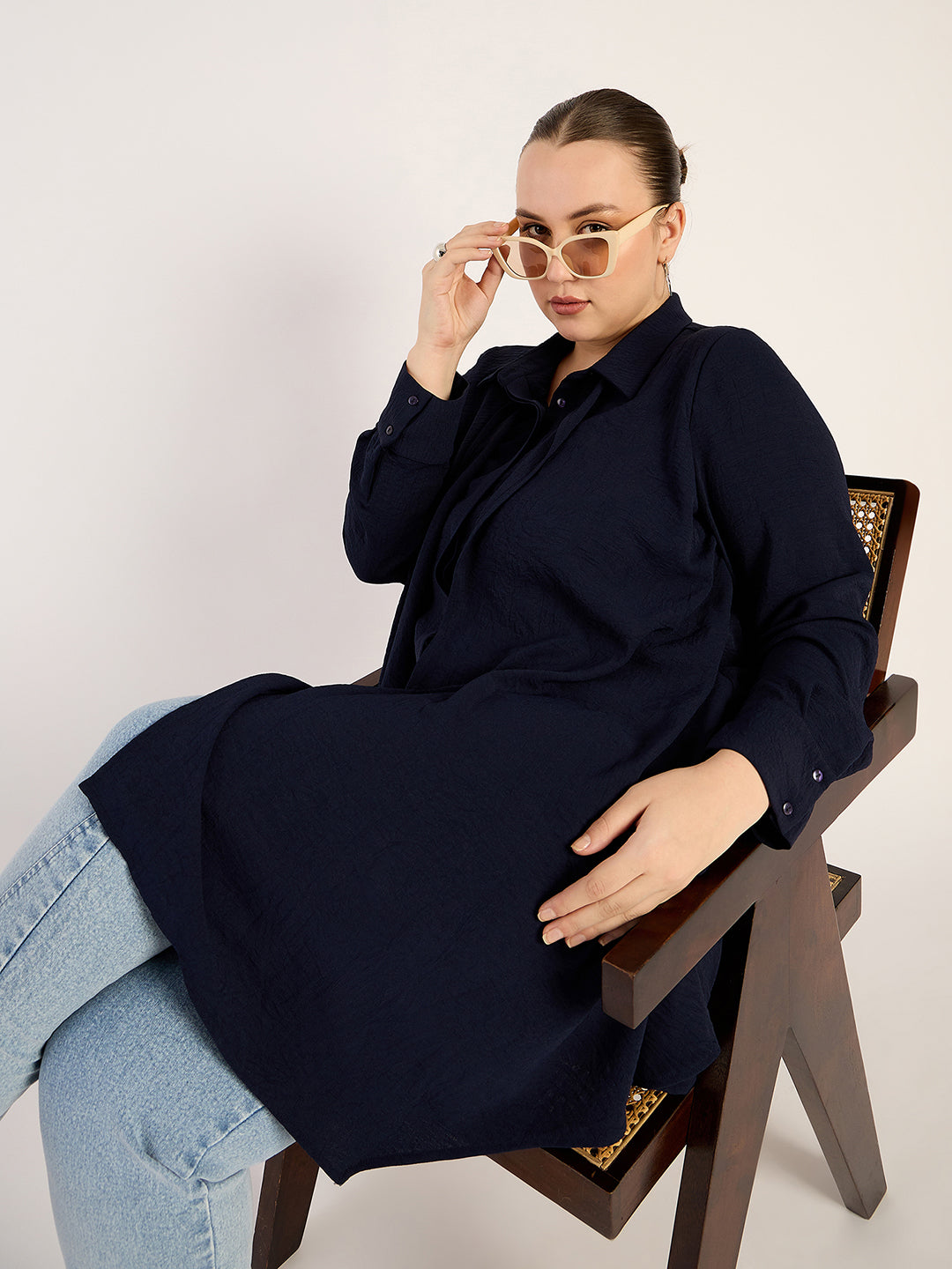Navy Asymmetric Button Down Shirt