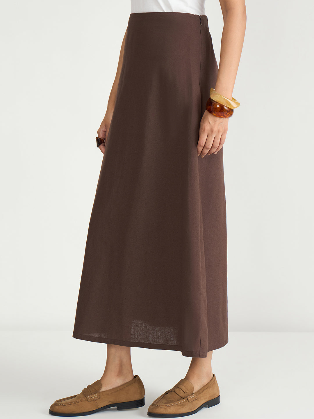 Coffee Brown Cotton Linen A Line Skirt