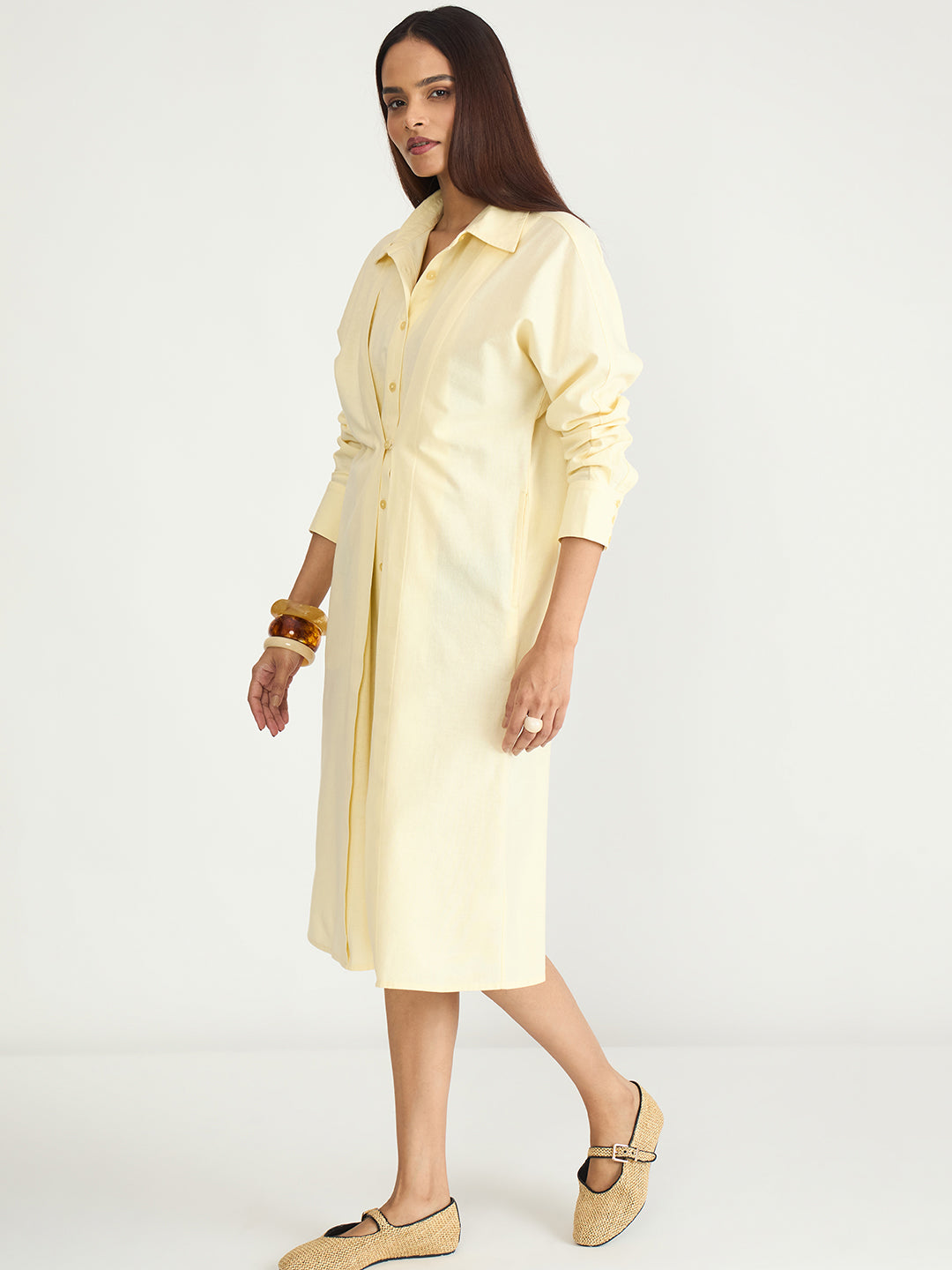 Butter Yellow Cotton Linen Button Down Midi Dress