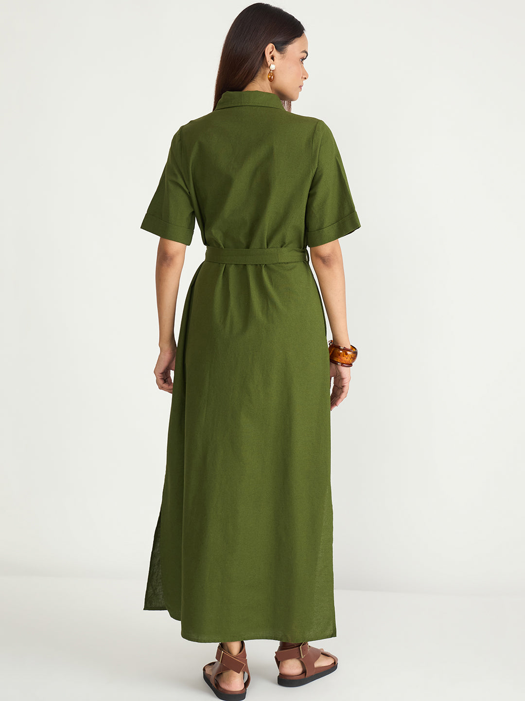 Olive Cotton Linen Maxi Shirt Dress
