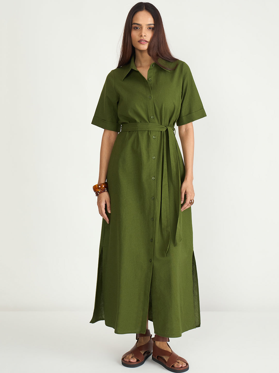 Olive Cotton Linen Maxi Shirt Dress