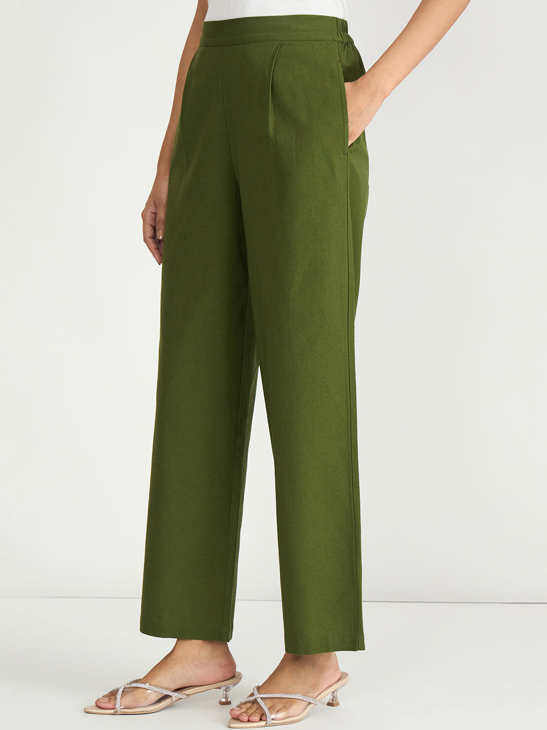 Olive Cotton Linen Straight Pants