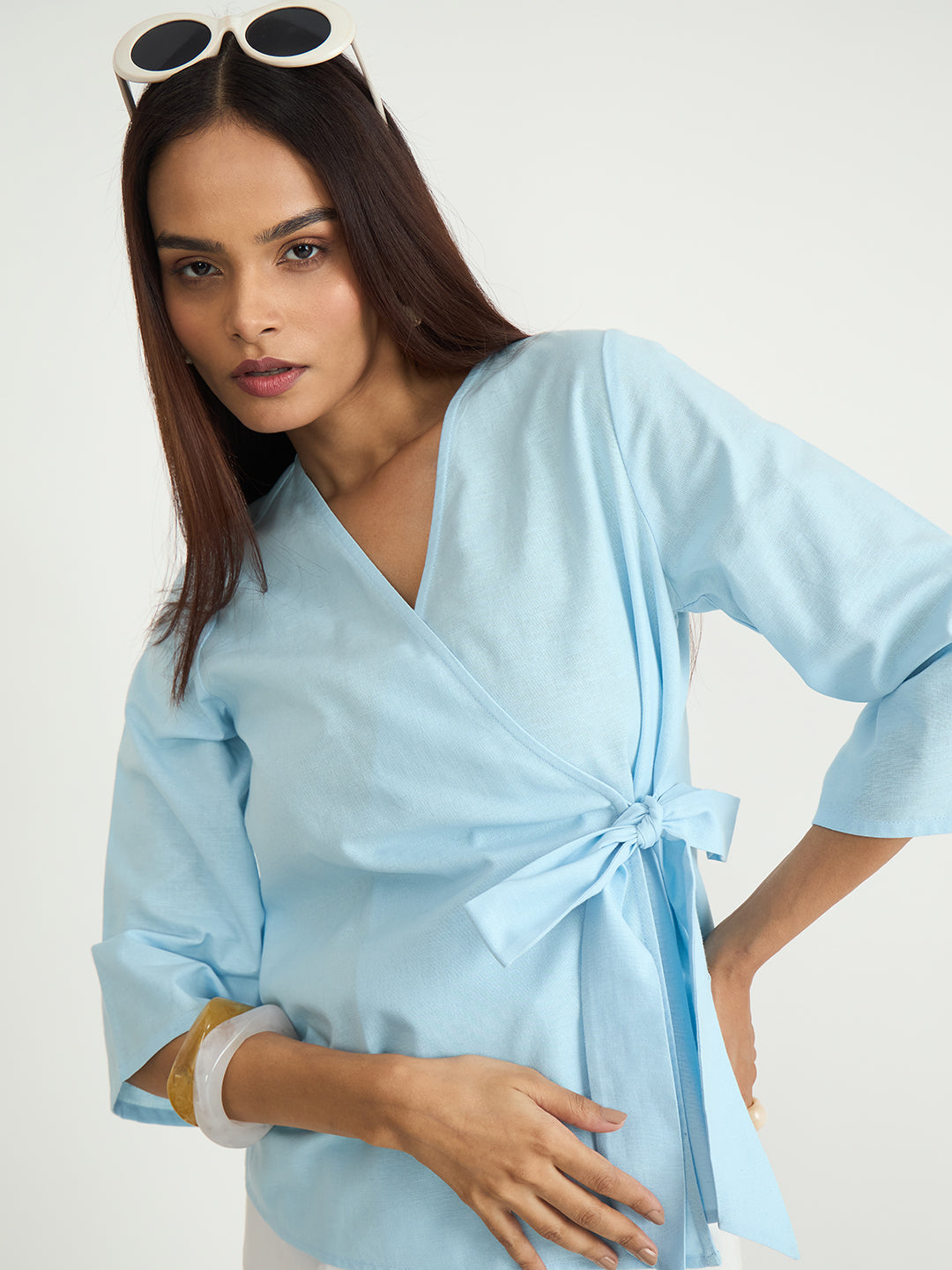 Light Blue Cotton Linen Wrap Top