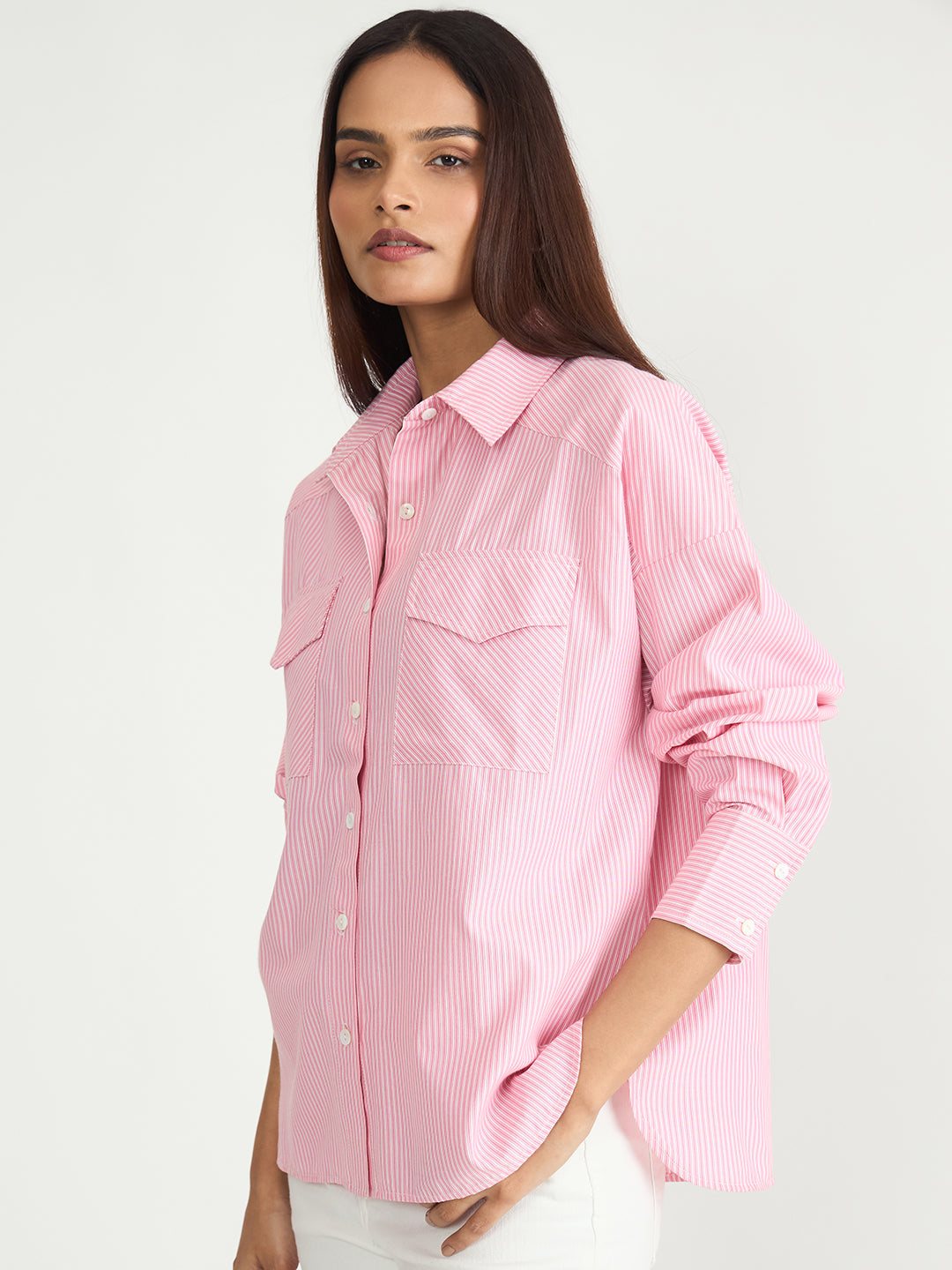 Pink Stripe Dual Pocket Oversized Shirt
