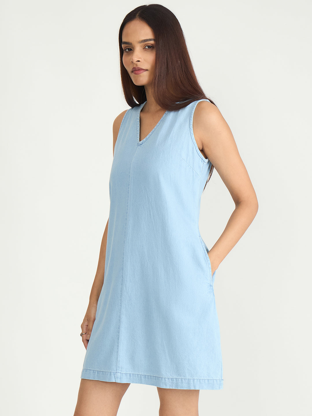 Ice Blue Denim A-Line Mini Dress