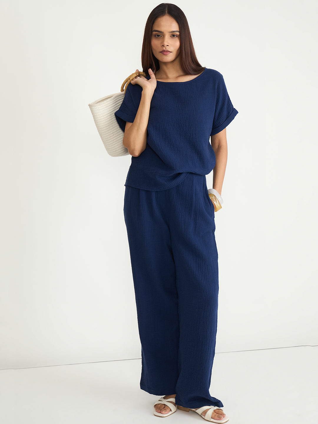 Navy Cotton Gauze Round Neck Co-Ord Set