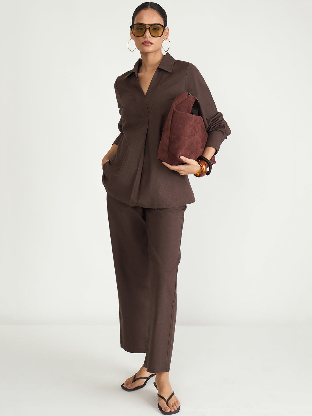 Coffee Brown Cotton Linen Pleat Detail Tunic